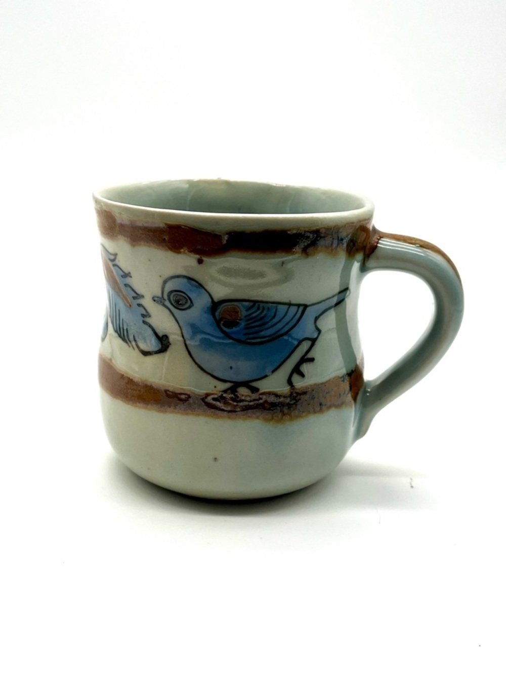 KEN EDWARDS Mexican TONALA POTTERY Stoneware- Flat Cup-Signed-El Palomar Blue Sm